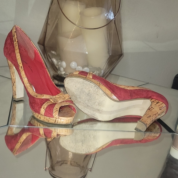 Bow tie, peep toe Burgundy and bamboo heels - Picture 2 of 2